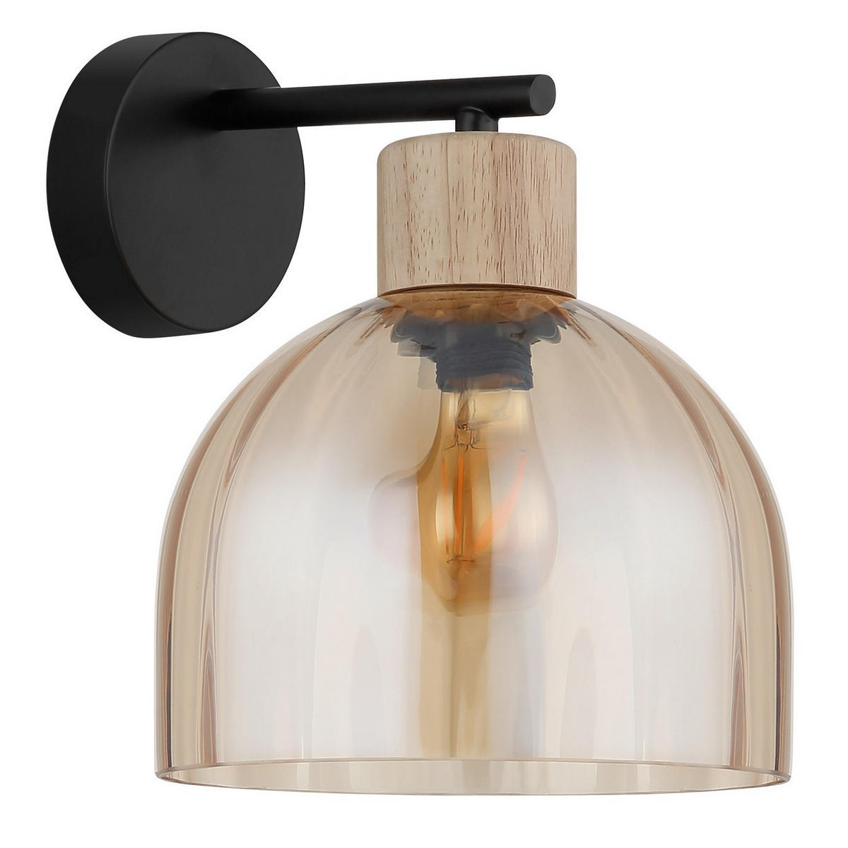 WANDLEUCHTE SWANSON, Metall, Schwarz matt, Glas amber - Schwarz, Holz (23.5/20/24cm) - Globo Lighting