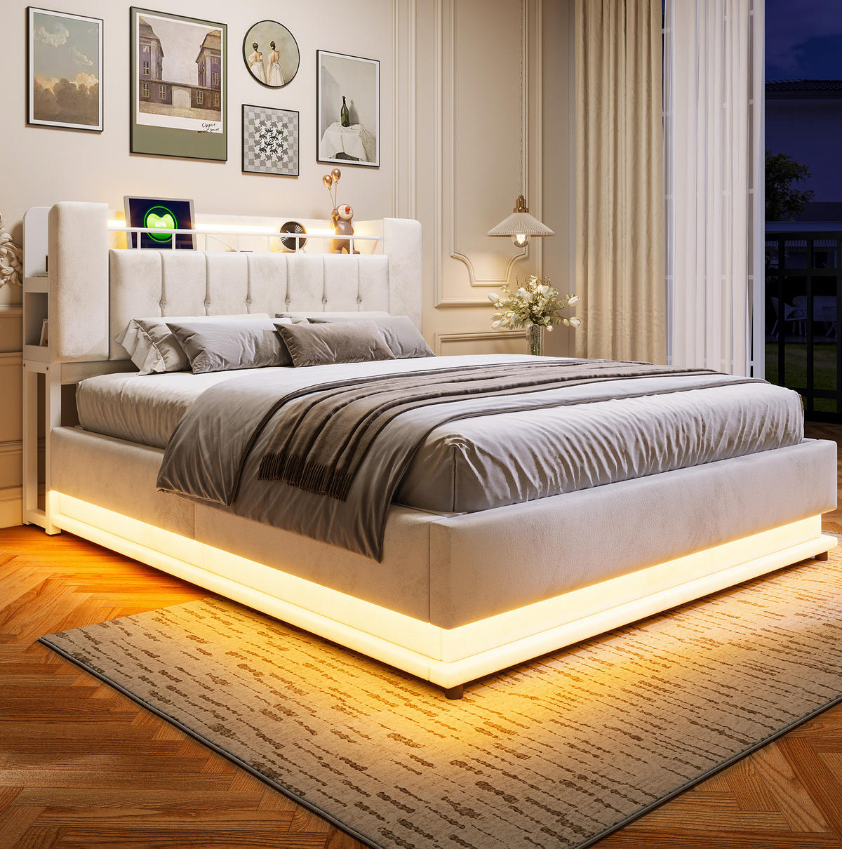 POLSTERBETT aus Samt und Metall 160x200 cm Beige mit LED, USB-Anschlüssen und hydraulischem Stauraum - Beige, Textil (160/200cm) - Modfu