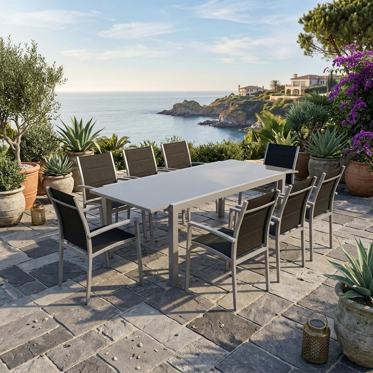 GARTEN-GARNITUR Ashford - 9-teilig Garten-Essgruppe (8x Stapelsessel mit Armlehnen, 1x Ausziehtisch 180/240x100cm), Gestell Aluminium - Schwarz, Metall - TPFGarden
