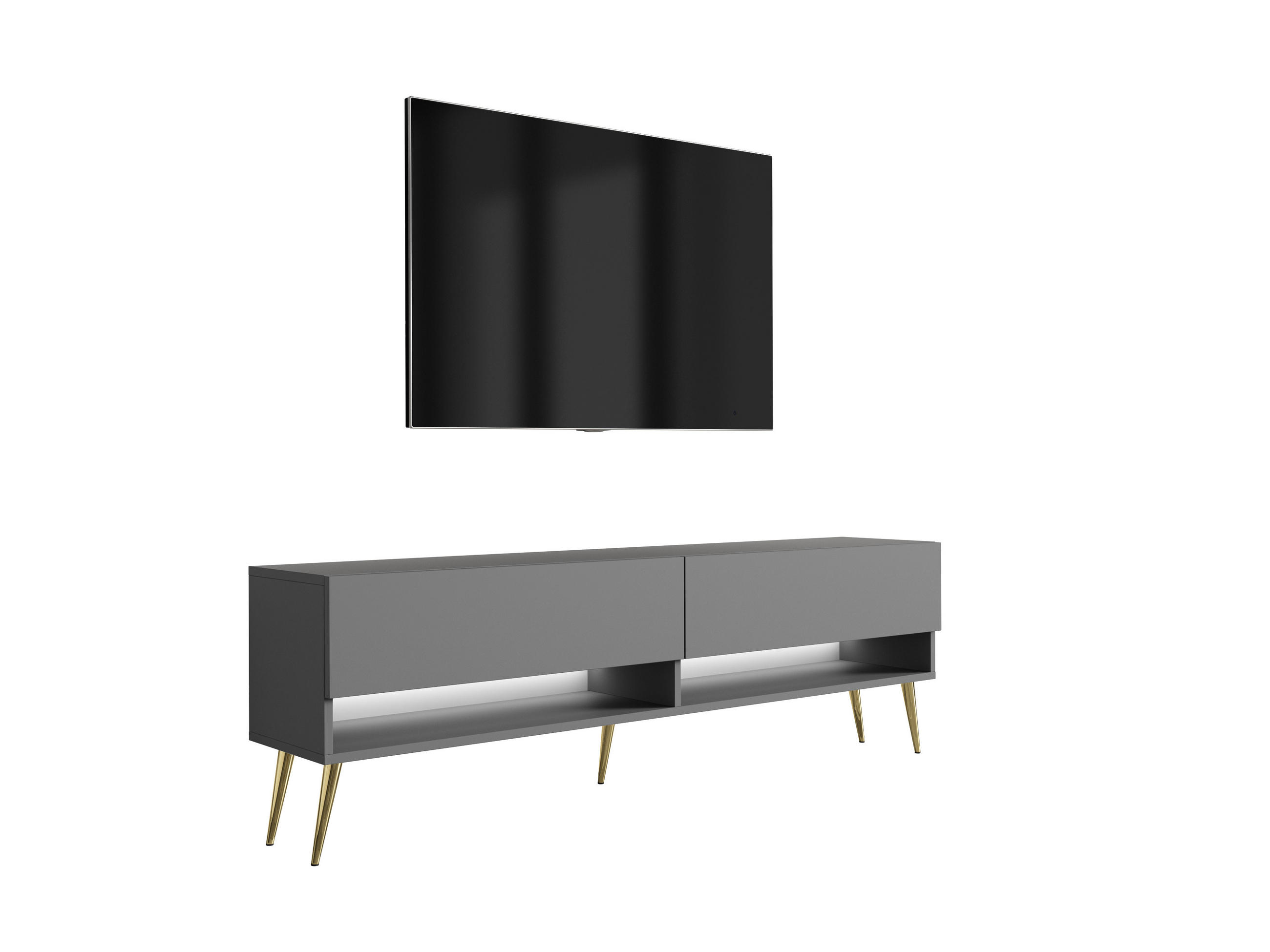 TV-LOWBOARD 170 cm Anthrazit, goldene schräge Beine, weiße LED, 170 × 32 × 52 cm - Grau, Holzwerkstoff (170/52/32cm) - 3XE LIVING