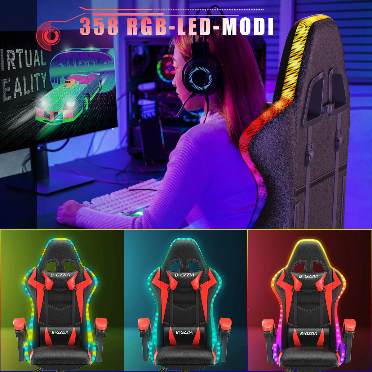GAMING-STUHL LED, höhenverstellbar, Lenden- & Kopfstütze – Schwarz/Rot - Rot, Leder (53.5/117/54cm) - Rattantree