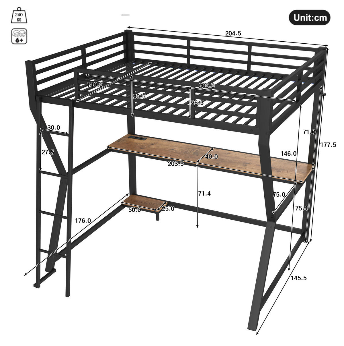 HOCHBETT 140/200 cm in Schwarz – mit Schreibtisch, Treppe und LED-Licht - Schwarz, Metall (140/200cm) - BEAOK