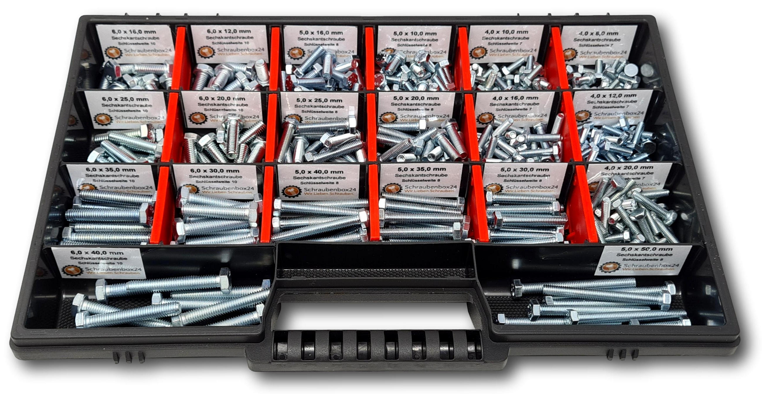 SECHSKANTSCHRAUBEN Sortiment M4-M5-M6 // 8mm-50mm 350 tlg. Schraubenbox DIN 933/ISO 4762 - Zinkfarben, Metall (3.5cm) - Schraubenbox24