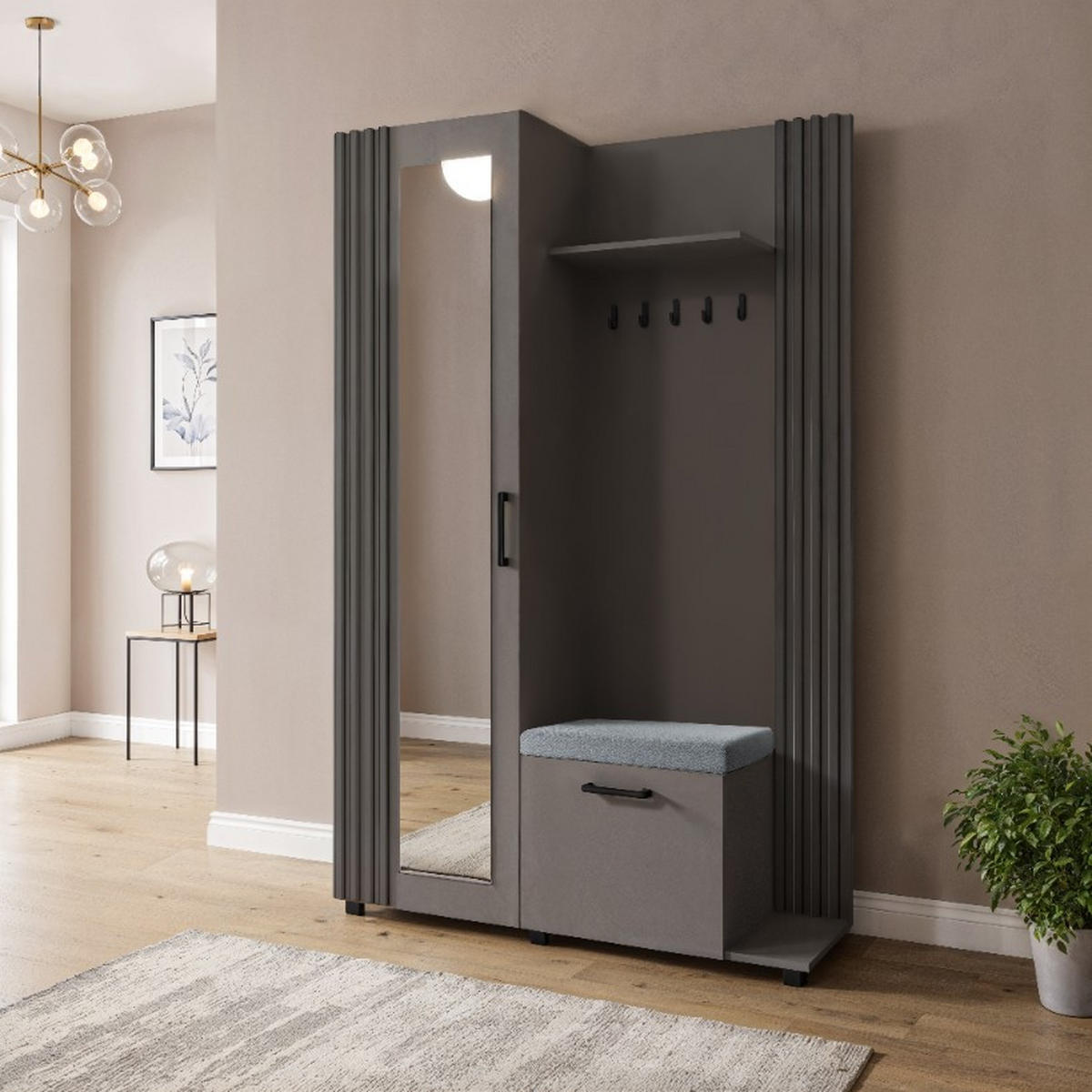 GARDEROBE Neli mit Lamellen und Spiegel, rechts, grau, grau - Grau, Kunststoff (42/207/79cm) - Margaret Hadas24