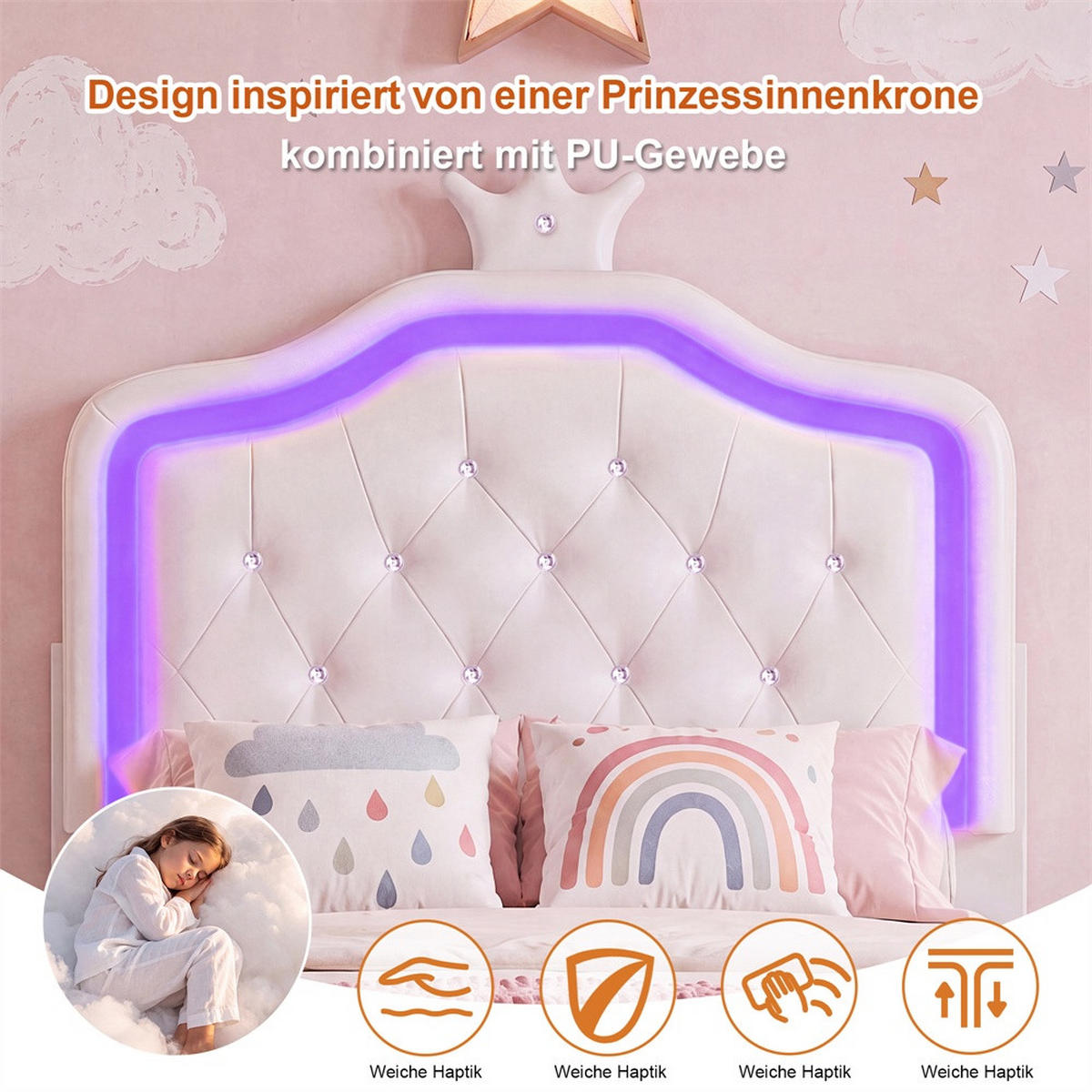 KINDERBETT 90 x 200 cm - höhenverstellbares Kopfteil mit LED-Beleuchtung und 1 Schublade - ohne Matratze - Weiß - Weiß, Textil (90/200cm) - DELFA