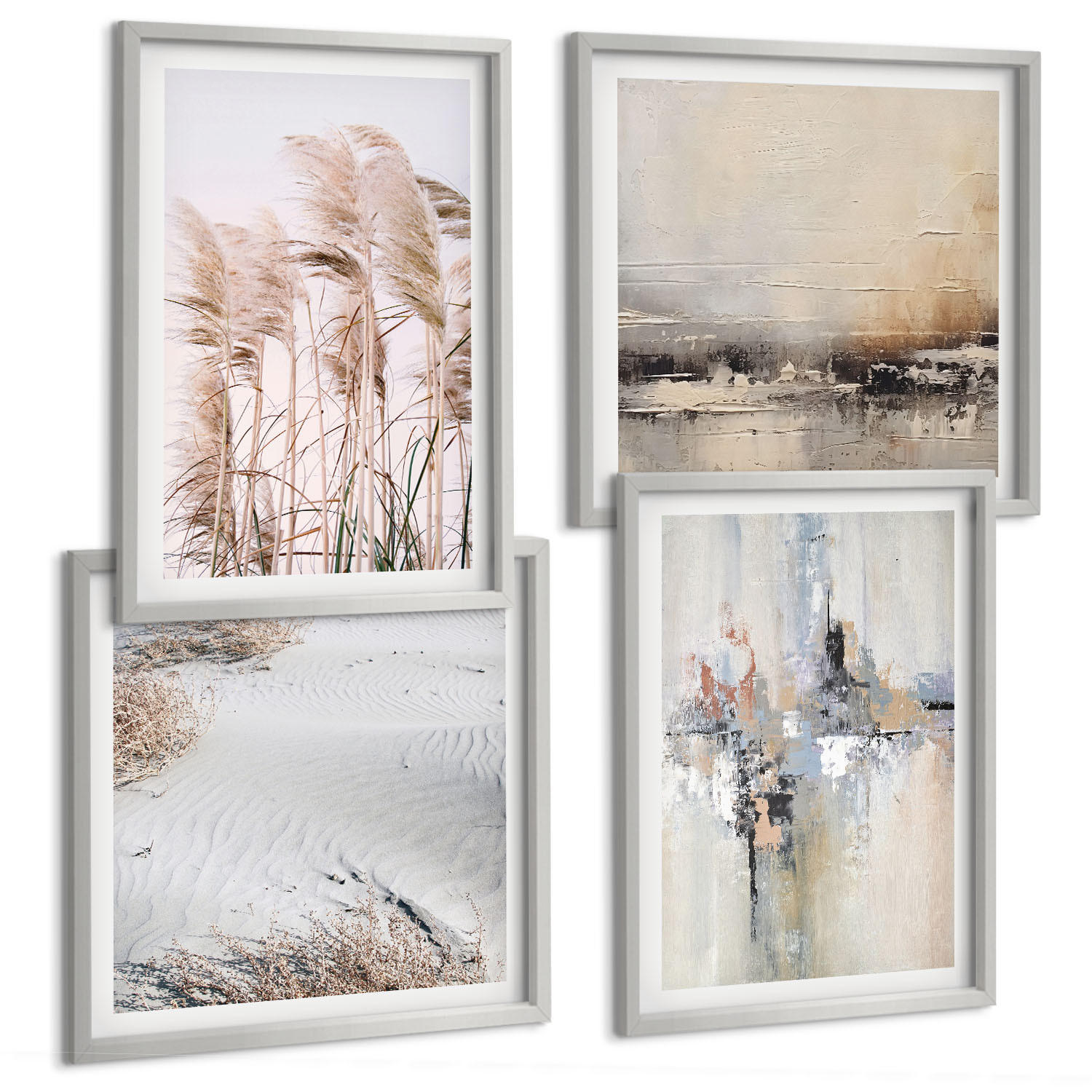 BILDER SET 4er Set - 50x50 cm & 40x60 cm Silberner Rahmen - Abstrakte Vegetationsmuster - Silberfarben, Kunststoff (50/50cm) - TULUP