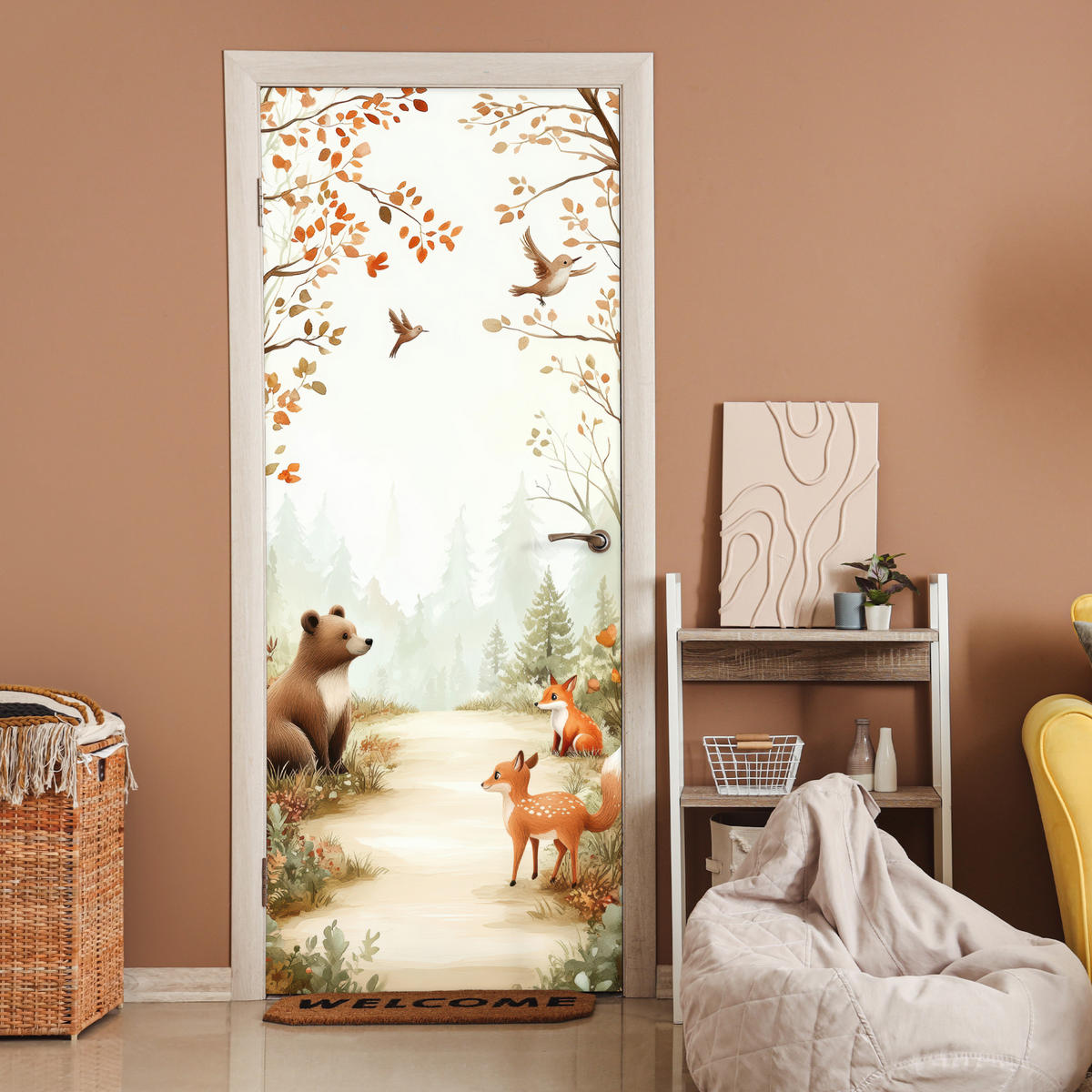 NALJEPNICA ZA VRATA Šumske životinje jesen 85x215 cm - boje kestena, plastika (85/0.1cm) - MuchoWow