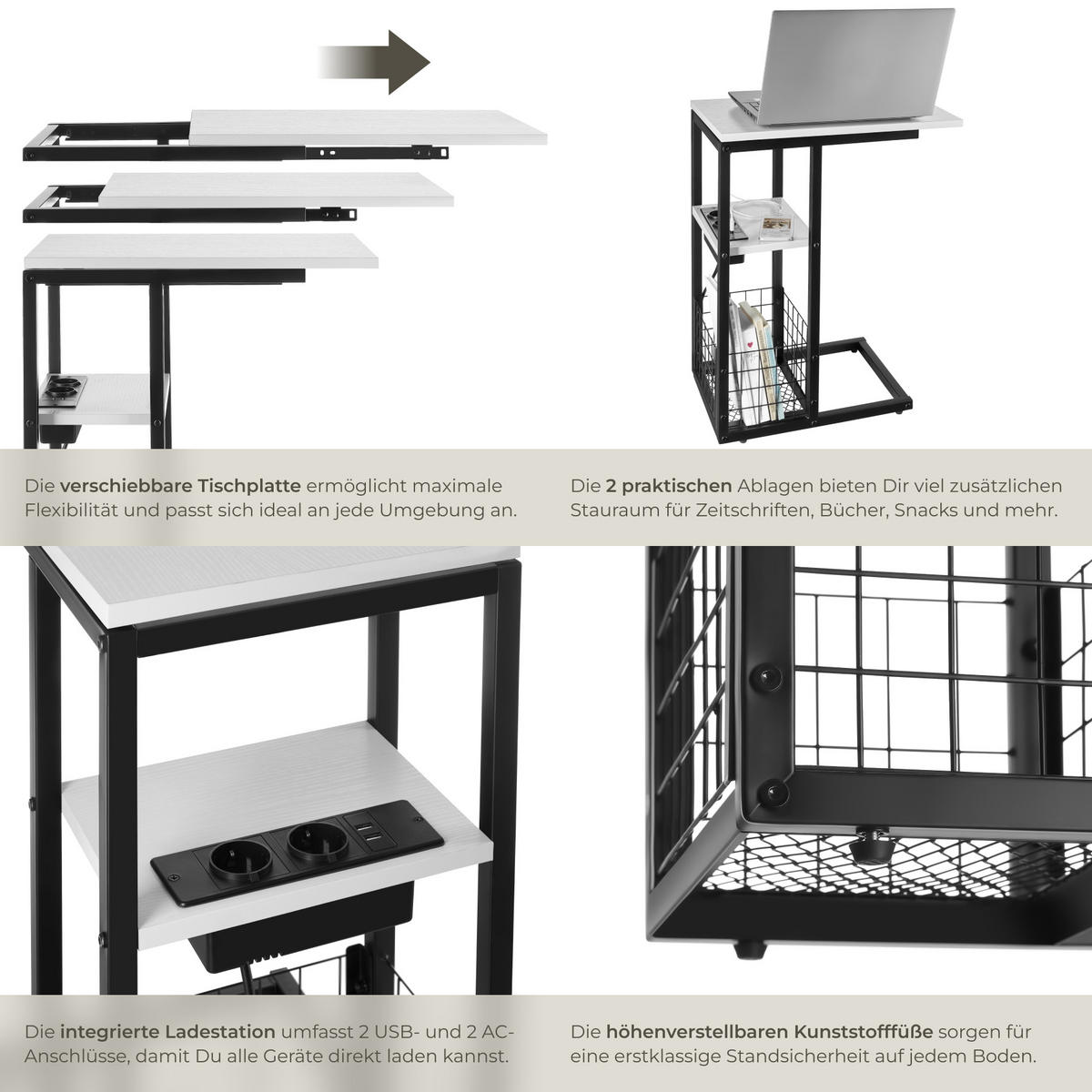 LAPTOP-BEISTELLTISCH Rhea,50 - 73 x 30 x 61,5 cm,weiß - Weiß, Metall (73/30/62.5cm) - tectake