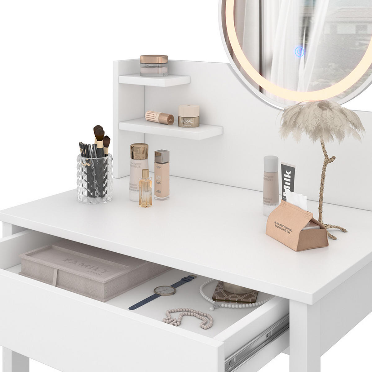 SCHMINKTISCH Surrey Weiß 60 cm mit LED-Spiegel - Weiß, Holzwerkstoff (60/127.5/40cm) - Vicco