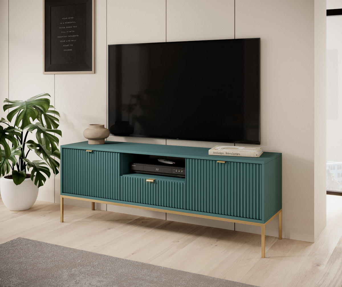 TV-SCHRANK NOVA Geriffelt Regal, 2 Türen, Schublade, Goldene Beine, 154x39x56cm, Labrador - Türkis/Goldfarben, Holzwerkstoff/Kunststoff (154/56/39cm) - DomoHome