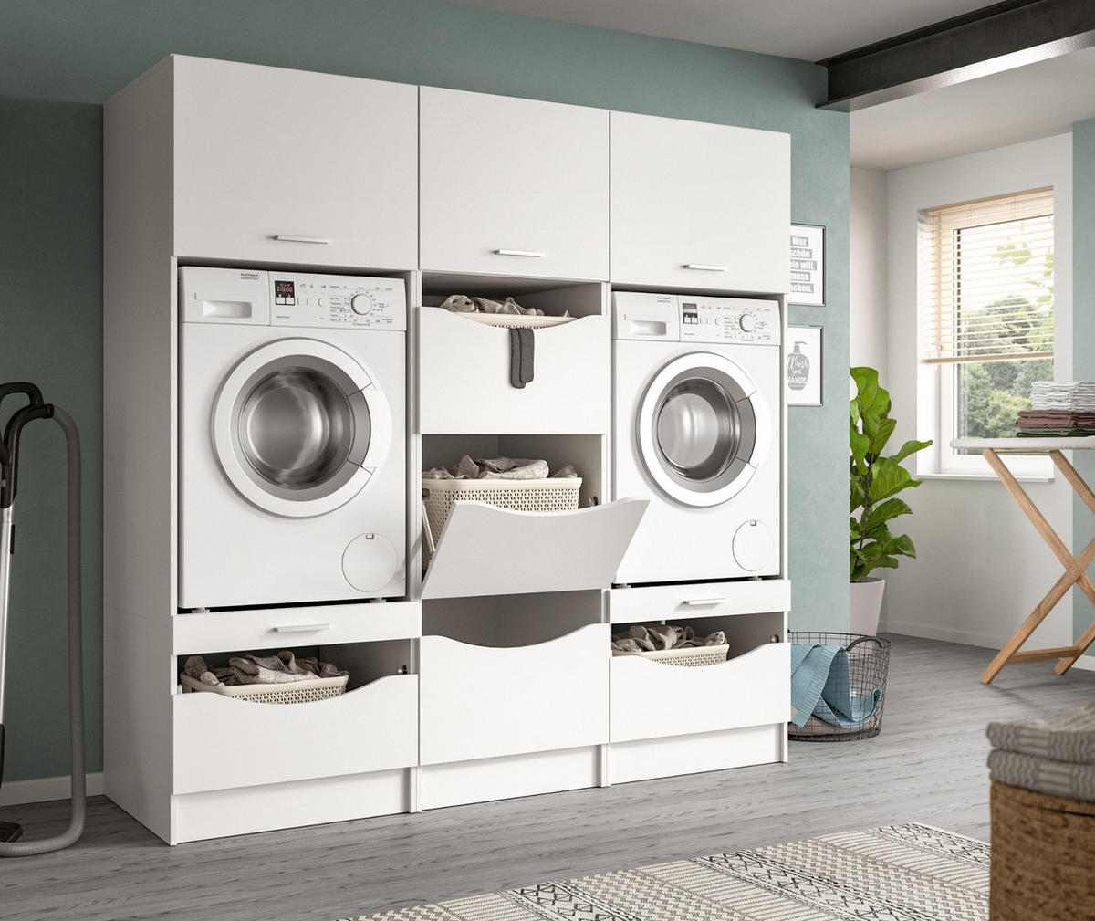 WASCHMASCHINENSCHRANK weiß Set 3-teilig, Waschmaschinenumbau 192 cm mit viel Stauraum - Silberfarben/Weiß, Glas/Holzwerkstoff (192/196/68cm) - Inn.Furn