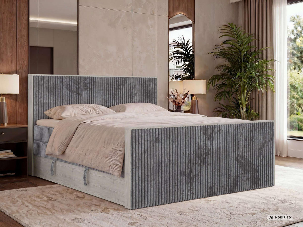 BOXSPRINGBETT NORDIC KING DUO 180/200 - Grau Cord - Topper T25 - H4 - Schwarz/Grau, Kunststoff/Textil (180/200cm) - MKS