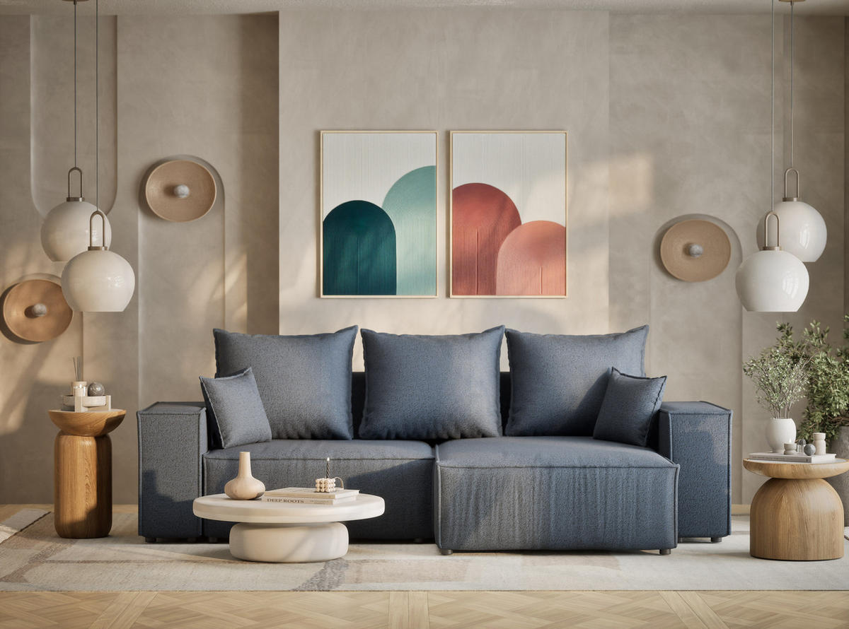 ECKSOFA MIT SCHLAFFUNKTION Moyo Blau Grau Webstoff - Blaugrau/Schwarz, Holz/Holzwerkstoff (255/148cm) - Maison de Reve
