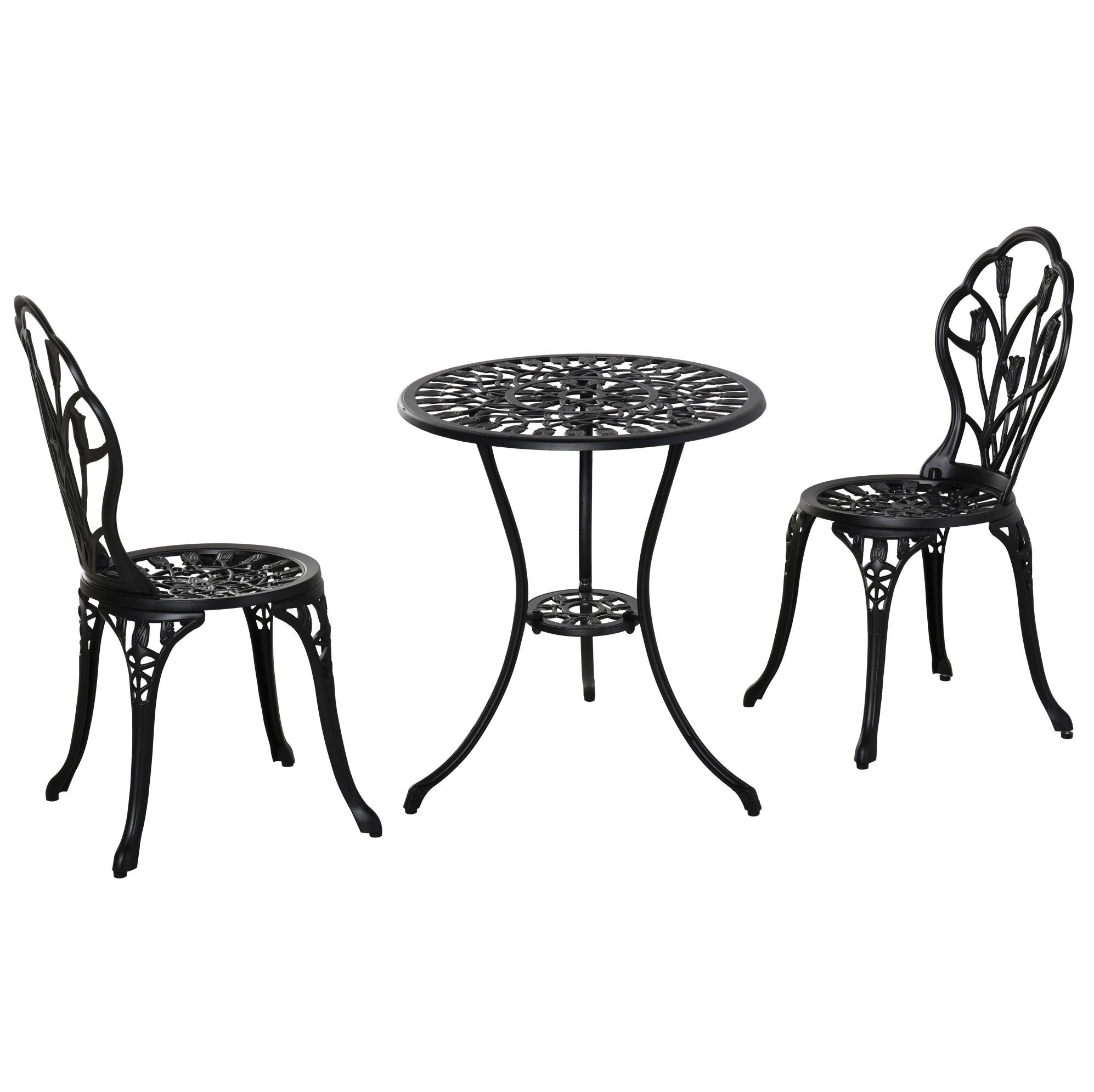 DINING-LOUNGESET aus Aluminium Ø60x67 cm Schwarz mit 2 Klappstühlen und Schirmloch - Schwarz, Metall - Modfu