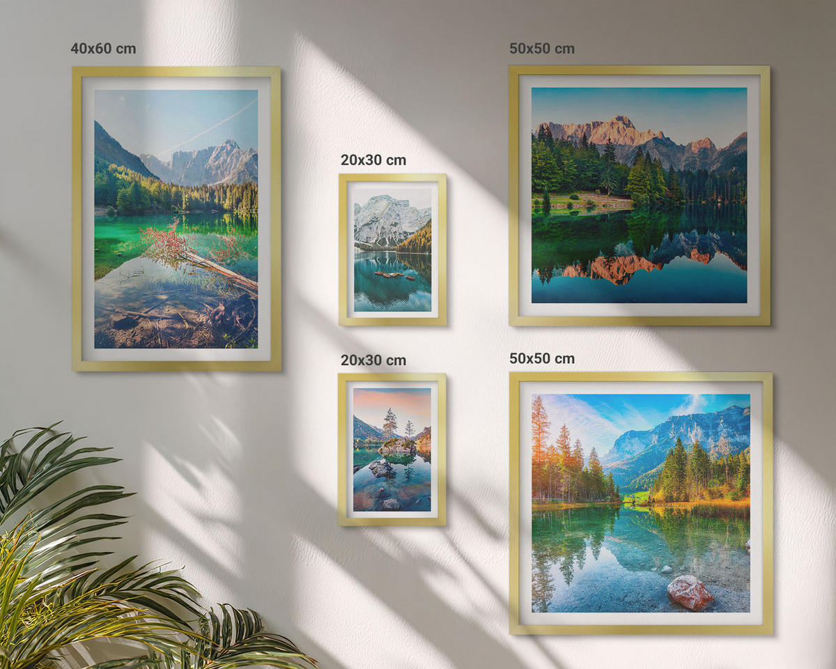 BILDER SET 5er Set - 50x50 cm & 20x30 cm & 40x60 cm Goldrahmen - Spiegelung des Waldes in Bergseen - Goldfarben, Kunststoff (40/60cm) - TULUP