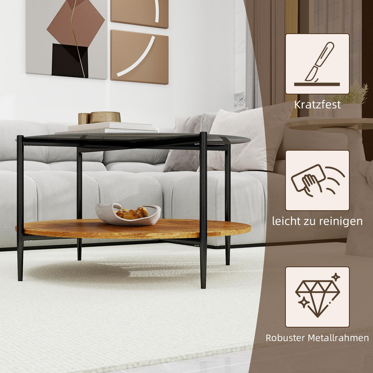 COUCHTISCH Schwarz/Natur, 82/82/45 cm - Schwarz, Glas (82/82/45cm) - PANGIVO