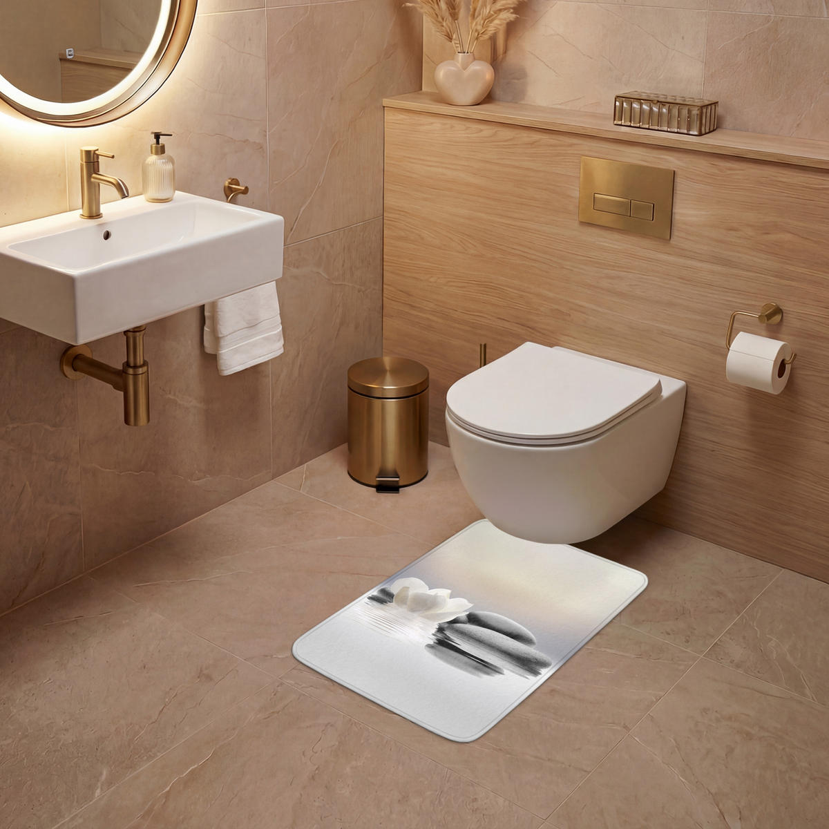 WC PŘEDLOŽKA Kameny - Lotos - Bílý - Voda - Zen 40x60 cm - bílá, textil/plast (40/1cm) - OnlyWow