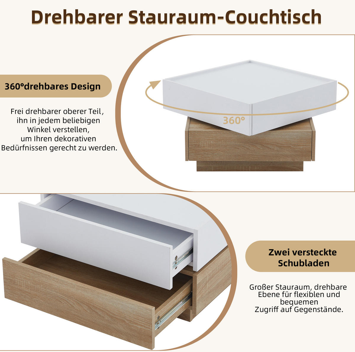 COUCHTISCH 60/60/38 cm in Weiß/Walnuss aus Spanplatte mit 360° Drehfunktion - Weiß, Holzwerkstoff (60/60/38cm) - OKMYHOME