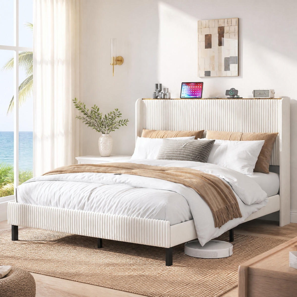 POLSTERBETT 160/200 mit Metalllatten und Flügel-Kopfteil in Grau - Beige, Textil/Metall (160/200cm) - EVRYAE