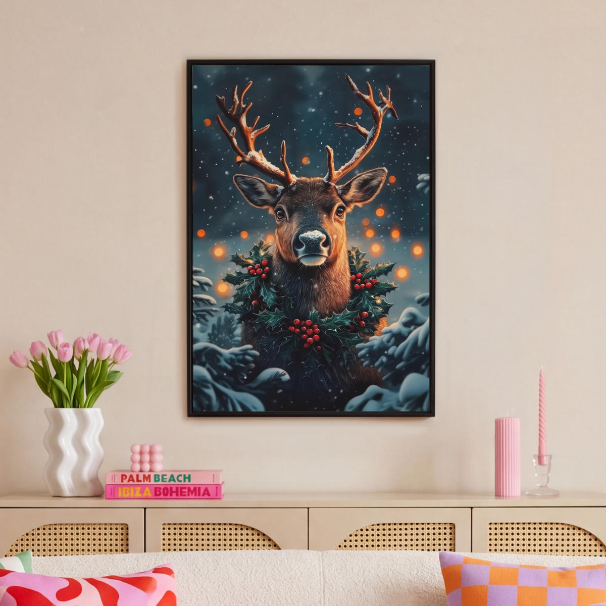 LEINWAND Bilder mit Rahmen - Hirsch - Weihnachten - Winter - Schnee - Weihnachtskranz - 60x90 - Dunkelbraun, Textil (60/90cm) - MuchoWow