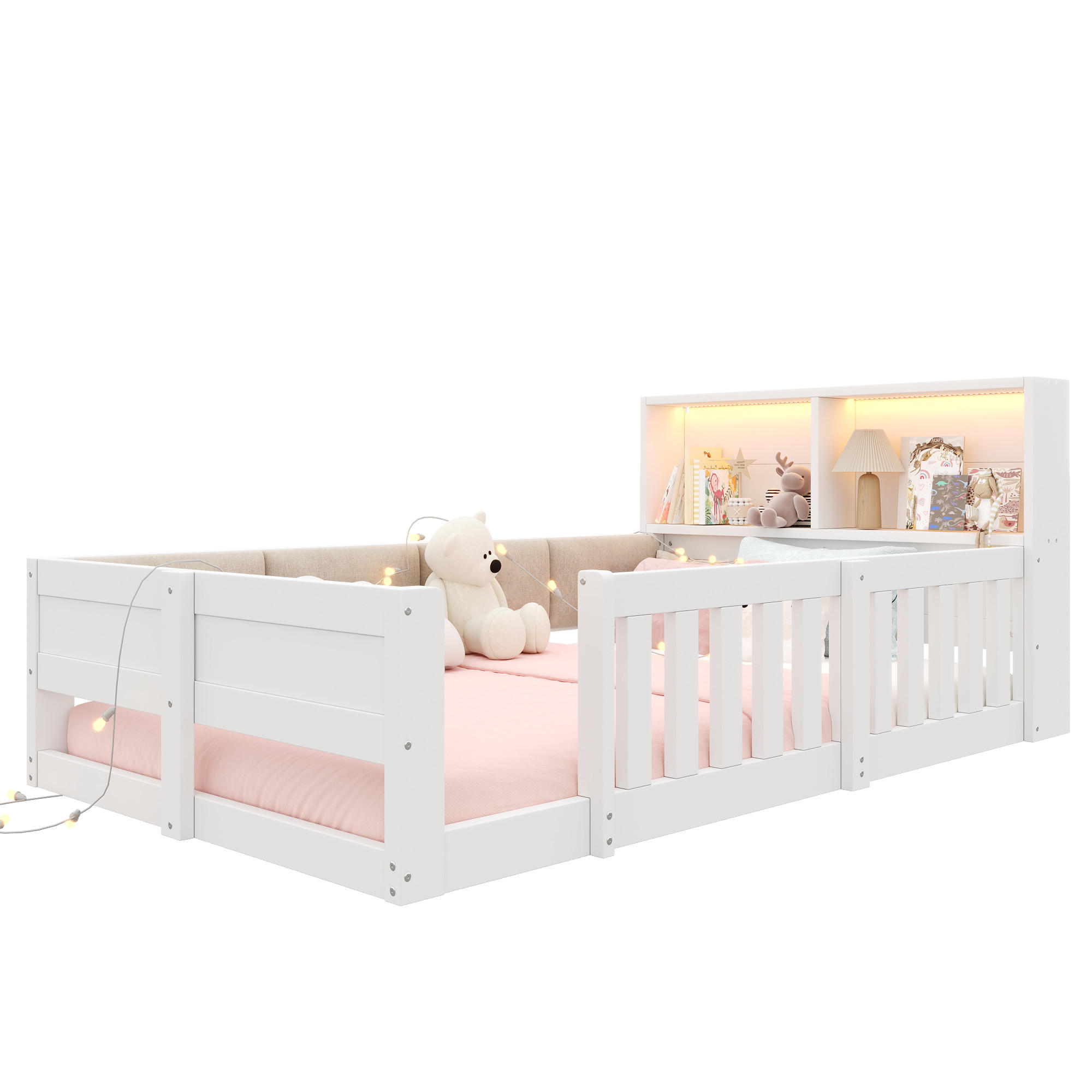 FLACHBETT 90x200cm Gitter Kinderbett LED Weiß - Weiß, Holzwerkstoff (90/200cm) - FLIEKS
