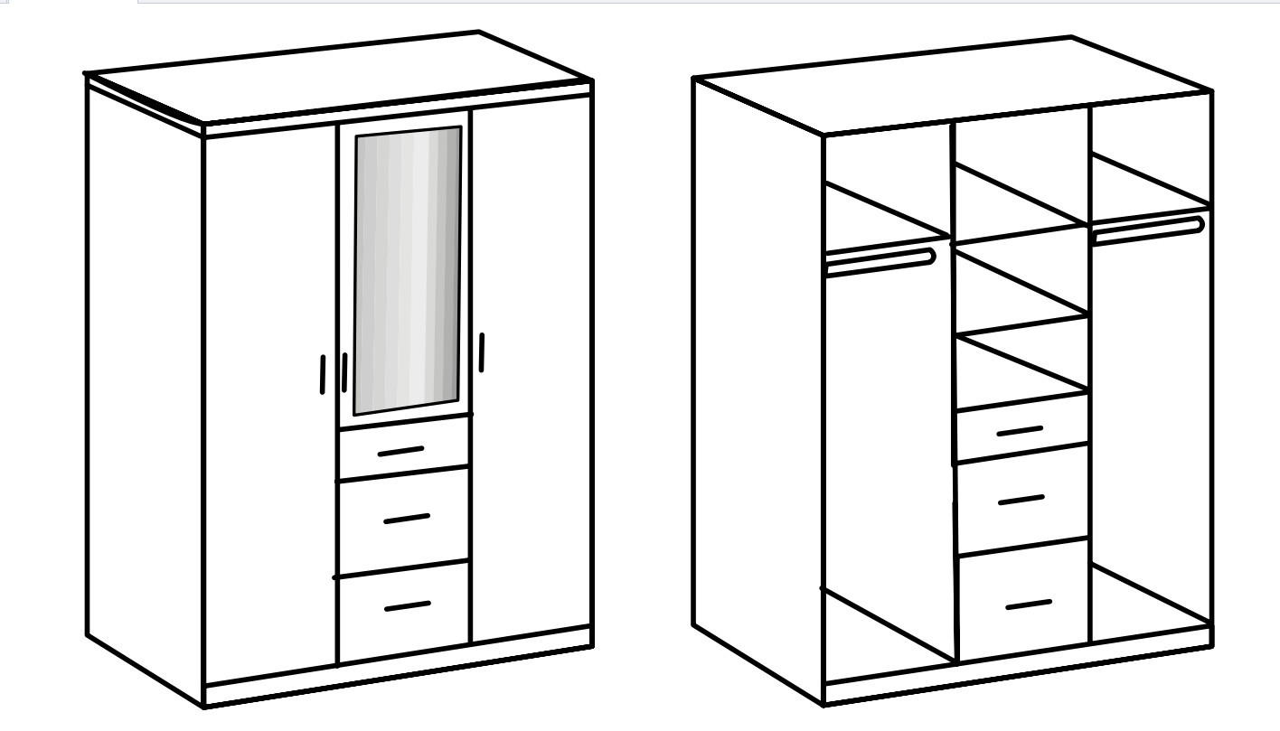 KLEIDERSCHRANK Joker in Weiß mit Beton - Drehtürenschrank 3 türig mit Spiegel - Weiß, Holzwerkstoff (135/199/58cm)