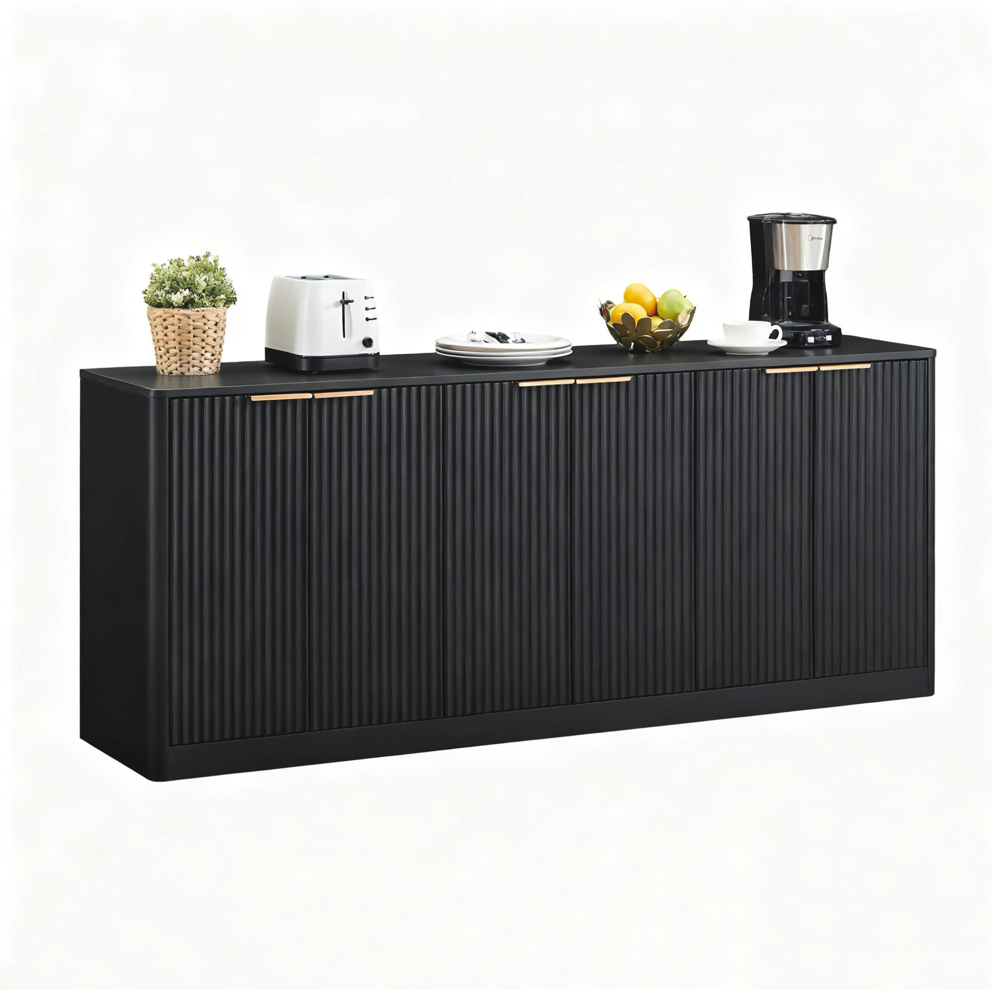Modfu KOMODA z MDF 170x40x70,5 cm černá se 6 dvířky, vlnitým designem a dekorem dřeva