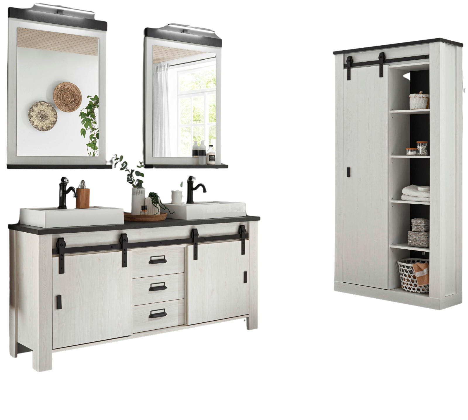 BADMÖBEL-SET weiß Pinie, anthrazit Landhaus, Doppelwaschtisch mit Waschbecken und LED - Anthrazit/Weiß, Holzwerkstoff/Metall (277/210/43cm) - Furn.Design