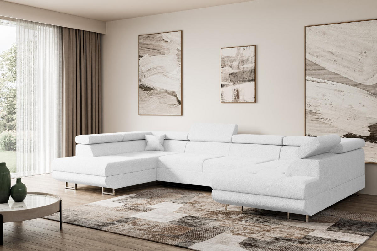 WOHNLANDSCHAFT mit Schlaffunktion und Bettkasten GUSA-U 342x202x107 cm Weiß Bouclé - Silberfarben/Weiß, Holzwerkstoff/Textil (342/107/202cm) - ALTDECOR