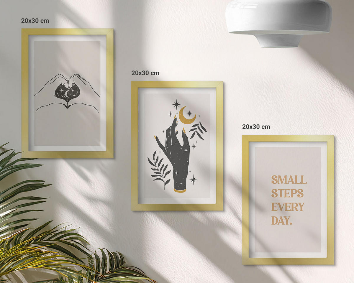 WANDBILDER 3er Set - 20x30 cm Goldrahmen - Minimalistische Boho-Illustrationen - Goldfarben, Kunststoff (20/30cm) - ArtPrintCave