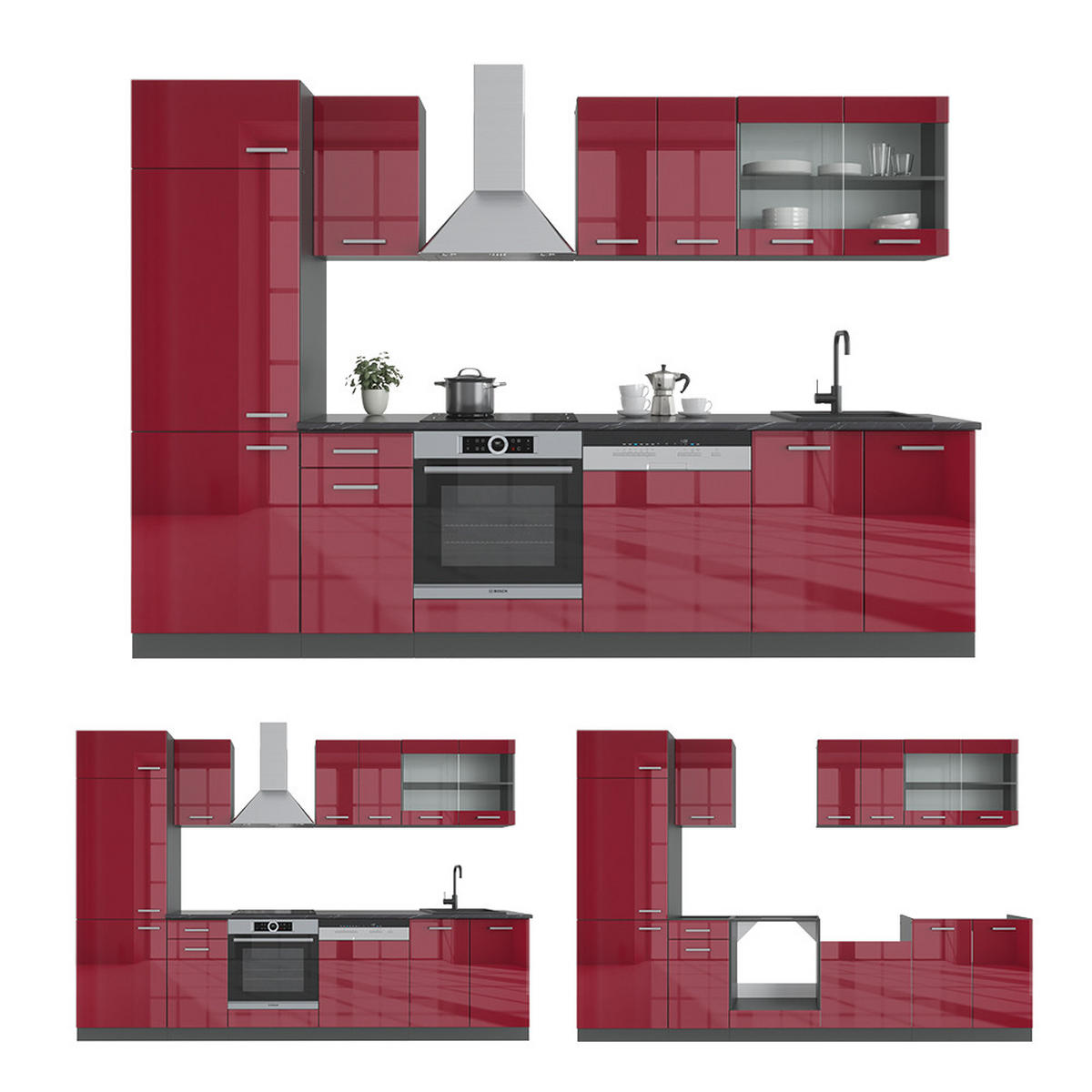 KÜCHENZEILE R-Line Rot Hochglanz/Anthrazit 300 cm, AP Eiche - Bordeaux/Anthrazit, Holzwerkstoff (300/81.6/60cm) - Vicco