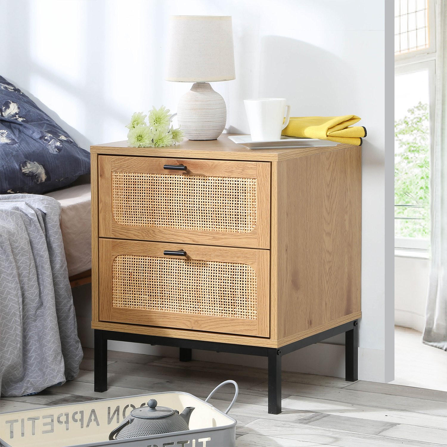 SICOTAS Rattan Nachttisch (45x39x58 Cm) – Mit Schublade & Offenem Regal, Weiß