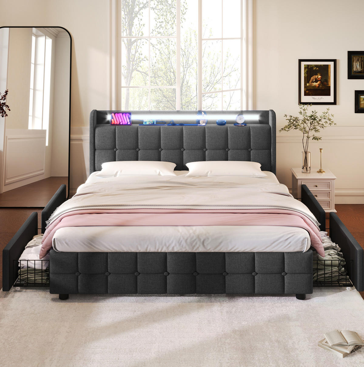 POLSTERBETT 180x200 cm Grau mit LED-Beleuchtung, USB-Anschlüssen, Steckdosen und 4 Schubladen - Grau, Holzwerkstoff (180/200cm) - IVMEU