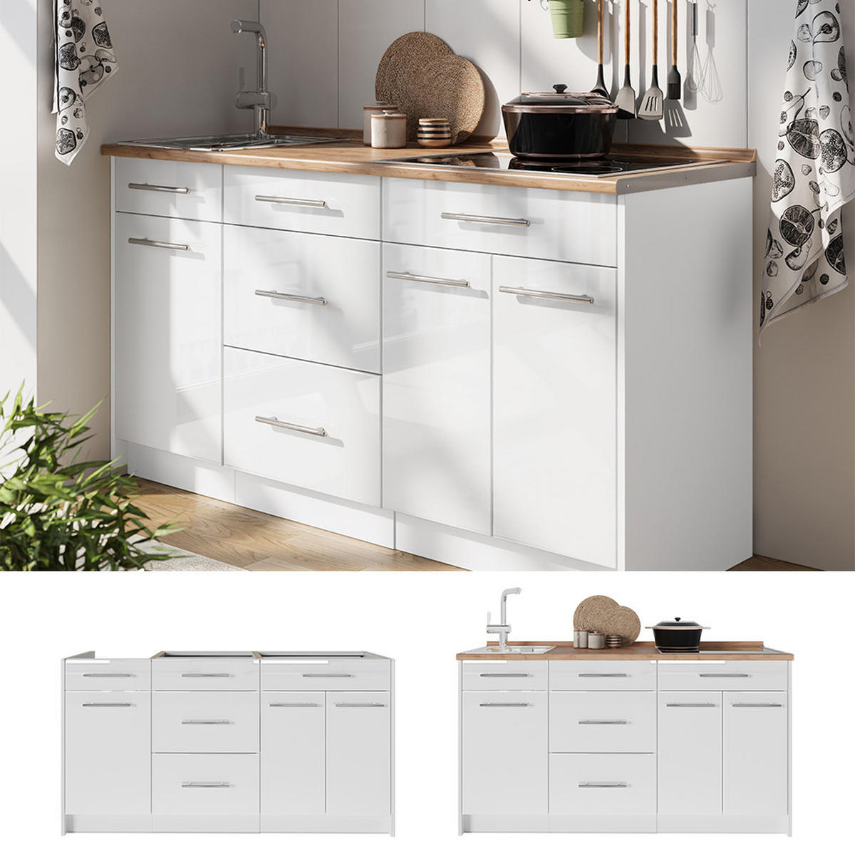 KUCHYNSKÝ BLOK Fame-Line, Biely vysoký lesk/biely, 150 cm, AP Oak - biela/biela s vysokým leskom, kompozitné drevo (150/82/60cm) - Vicco