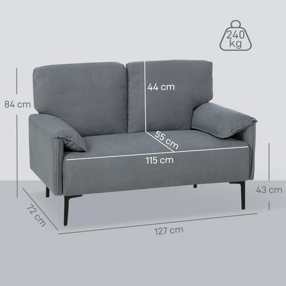 2-SITZER Sofa Stoffbezug mit Metallbeinen 127/72/84 cm Grau - Grau, Metall (72/84/127cm) - Redom
