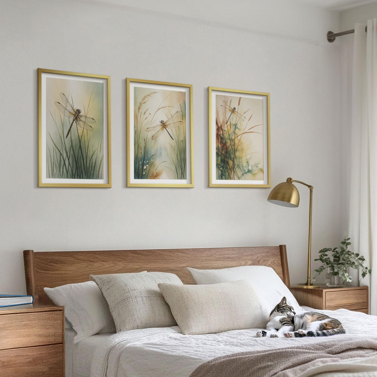 WANDBILDER 3er Set - 40x60 cm Goldrahmen - Libellengräser über dem Wasser - Goldfarben, Kunststoff (40/60cm) - ArtPrintCave