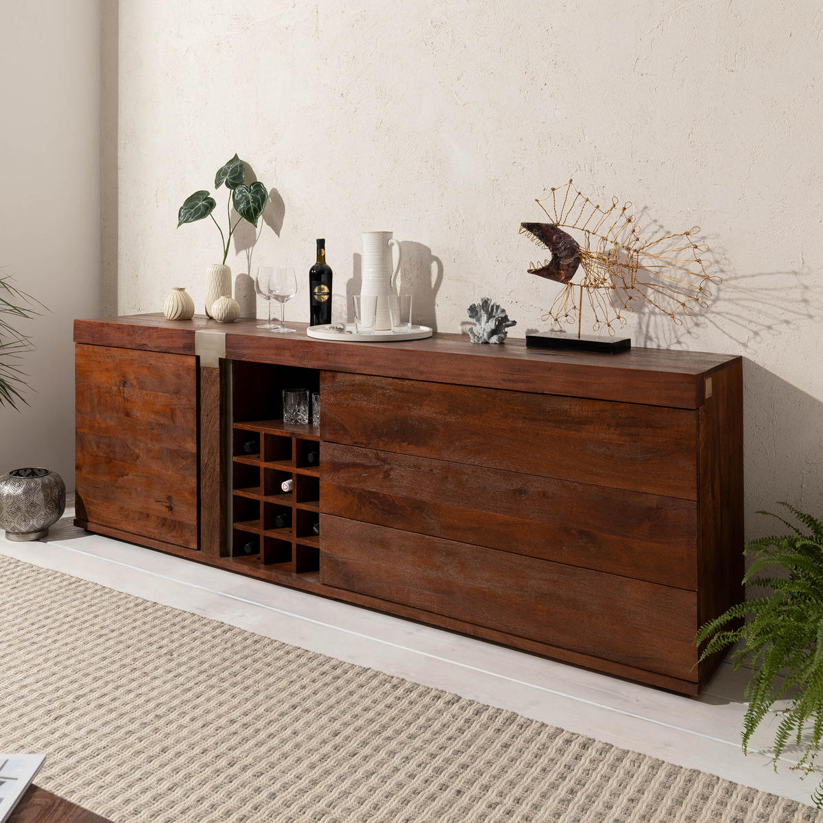 SIDEBOARD Mango 215x45x75 braun lackiert Amsterdam #29 - Braun, Holz (215/75/45cm) - Massivmoebel24
