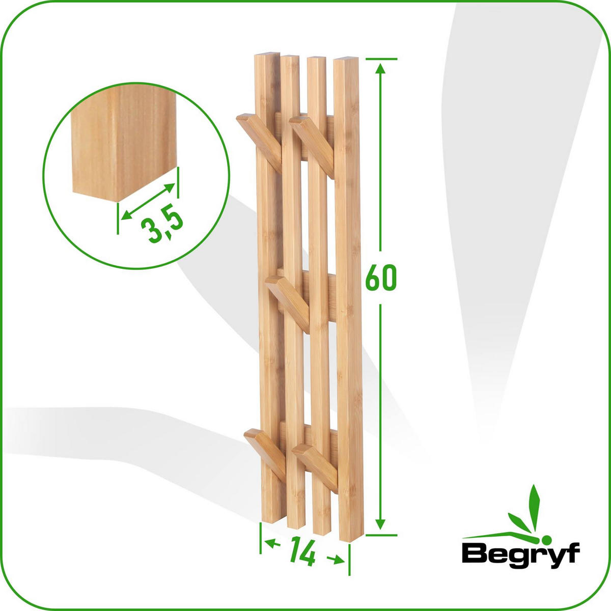 WANDGARDEROBE Bambus Naturfarben 6 Haken 60x14x3,5 cm - Naturfarben, Holz (14/60/3.5cm) - Begryf