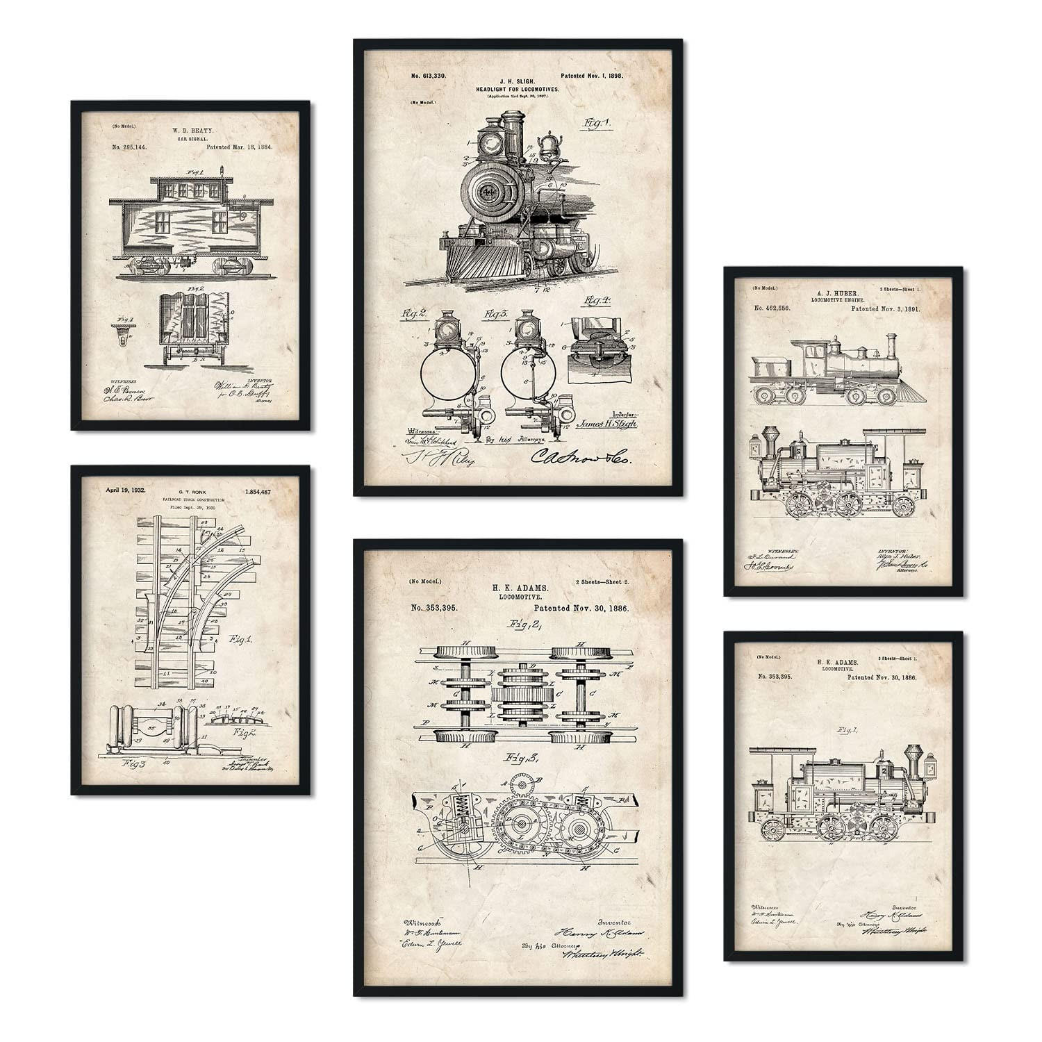 POSTER Set Mit 6 Plakaten Mit Zug Patenten Plakate Mit Retro Patentabbildungen Inneneinrichtung Im Vintage Stil A3 & A4 Rahmenlos - Klar, Papier (29/3cm) - Nacnic