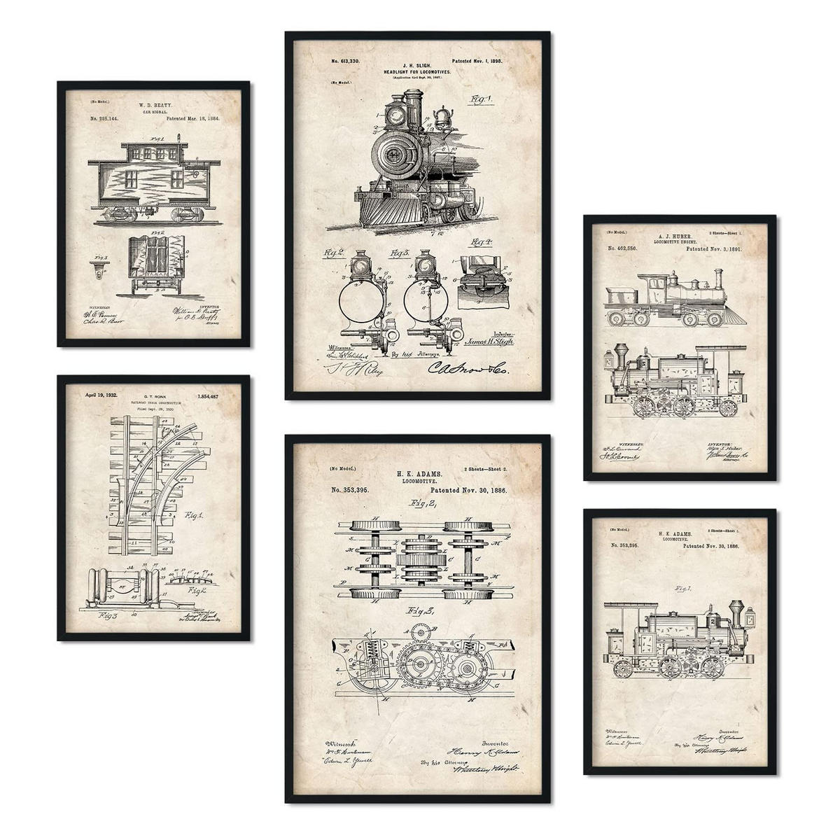POSTER Set Mit 6 Plakaten Mit Zug Patenten Plakate Mit Retro Patentabbildungen Inneneinrichtung Im Vintage Stil A3 & A4 Rahmenlos - Klar, Papier (29/3cm) - Nacnic