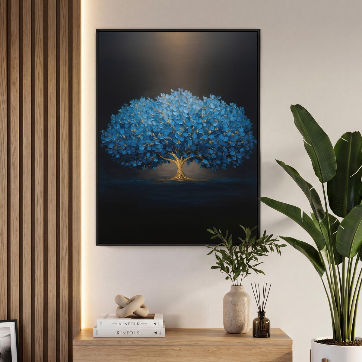LEINWAND Bilder mit Rahmen - Baum - Blau - Blätter - Pinselstriche - 70x100 - Blau, Textil (70/100cm) - MuchoWow