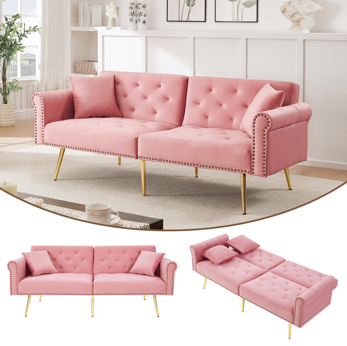 SCHLAFSOFA 2-Sitzer Samt mit 3-fach verstellbarer Doppel-Rückenlehne Rosa 173/75/70 cm - Rosa, Textil (70/173/75cm) - Redom