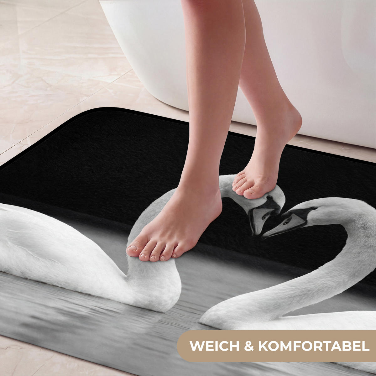 KOUPELNOVÁ PŘEDLOŽKA Labutě - srdce - černá - bílá 90x60 cm - černá, textil/plast (90/60cm)