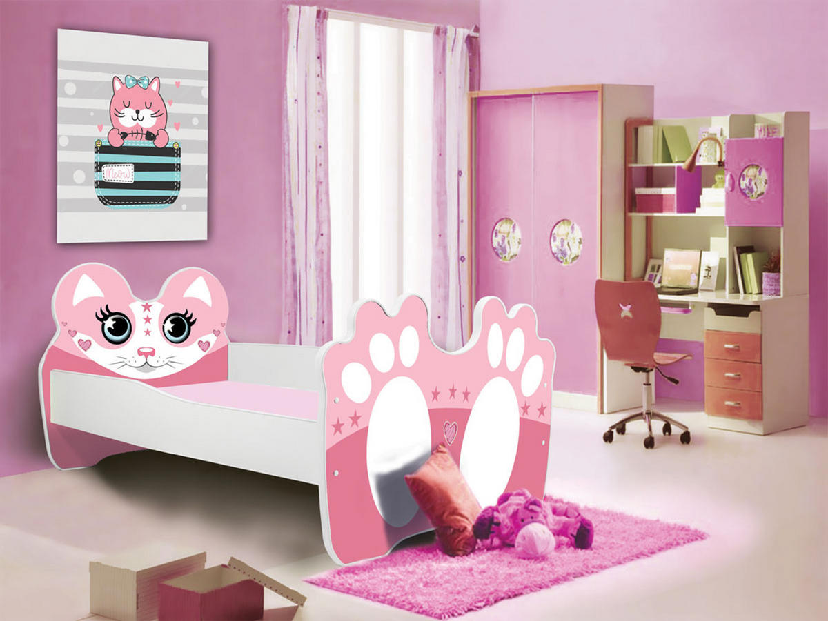 KINDERBETT Bear weiß / Motiv rosa Katze 88 / 164 / 63cm - Hellrosa/Weiß, Holz/Holzwerkstoff (80/160cm) - Feldmann-Wohnen