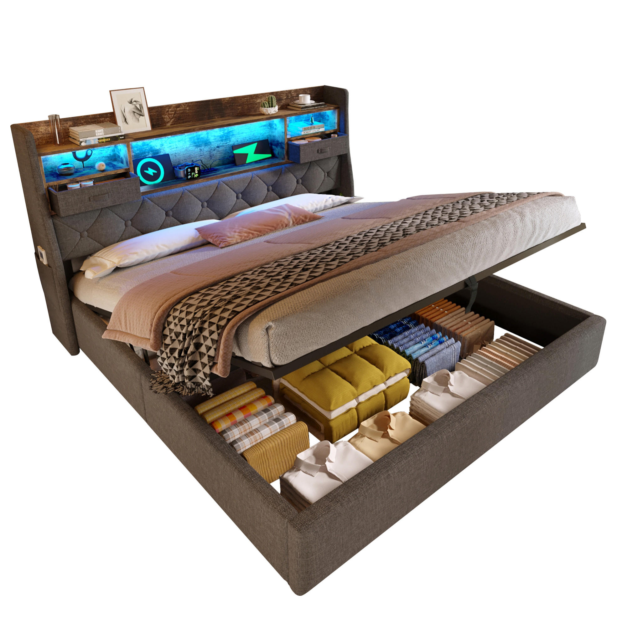 POLSTERBETT 140/200 cm Grau mit Stauraum, LED-Beleuchtung und USB- und Type-C-Anschlüssen - Grau, Textil (140/200cm) - Flora Grace