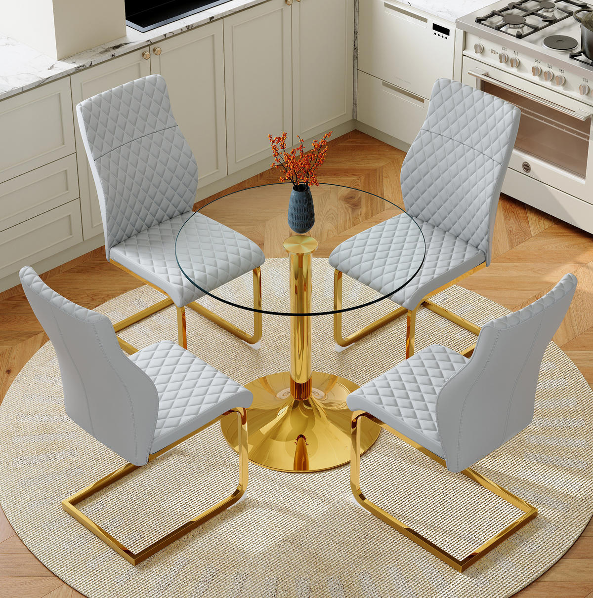 TISCH-STUHL-SET Glas 85 cm Gold Hellgrau 5-tlg. - Goldfarben, Metall (85/76/85cm) - Meubliv