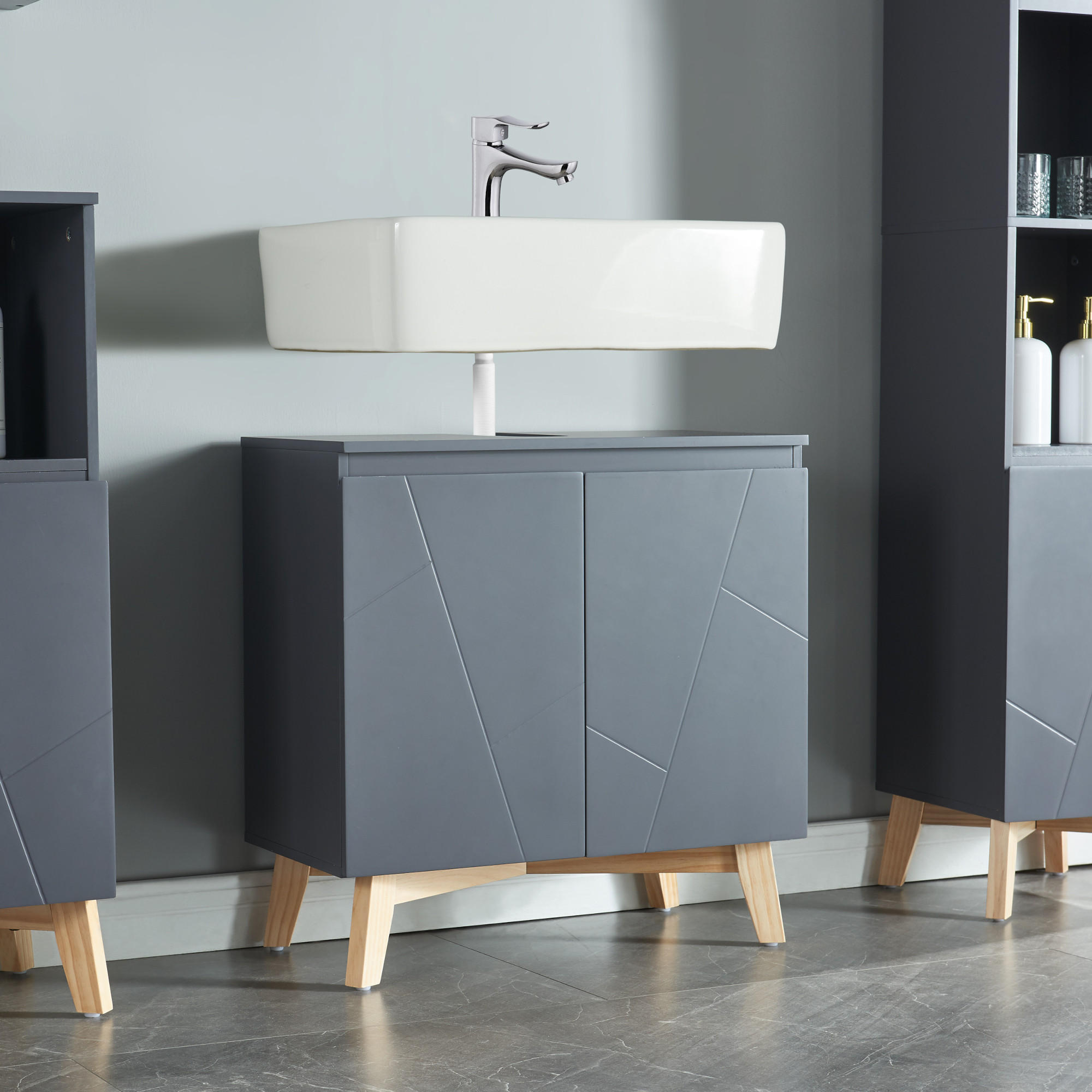 WASCHBECKENUNTERSCHRANK Overath - Naturfarben/Grau, Eichenholz/Holzwerkstoff (60/60/30cm) - [en.casa]