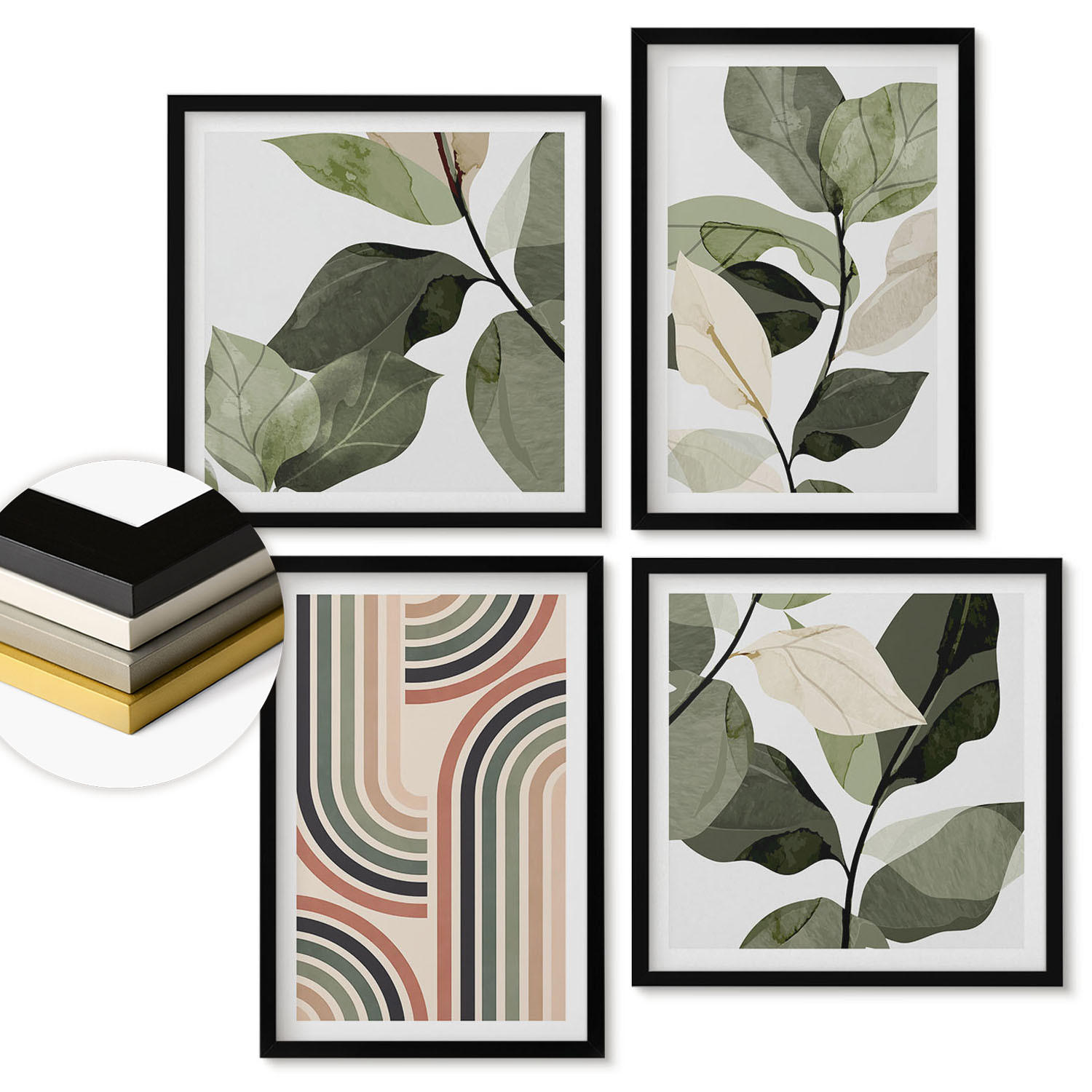 WANDBILDER 4er-Set - 50x50 cm & 40x60 cm Schwarzer Rahmen - Geometrische Pflanzenmotive - Schwarz, Kunststoff (50/50cm) - ArtPrintCave