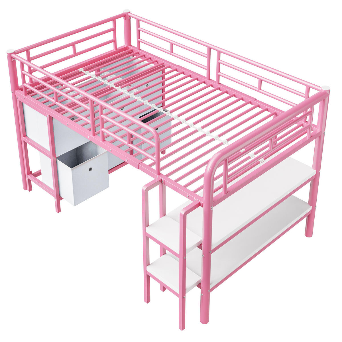 HOCHBETT 90/200 cm in Rosa mit Schubladen, Regalen und breiter Treppe - Rosa, Holzwerkstoff/Metall (90/200cm) - CHICFURN