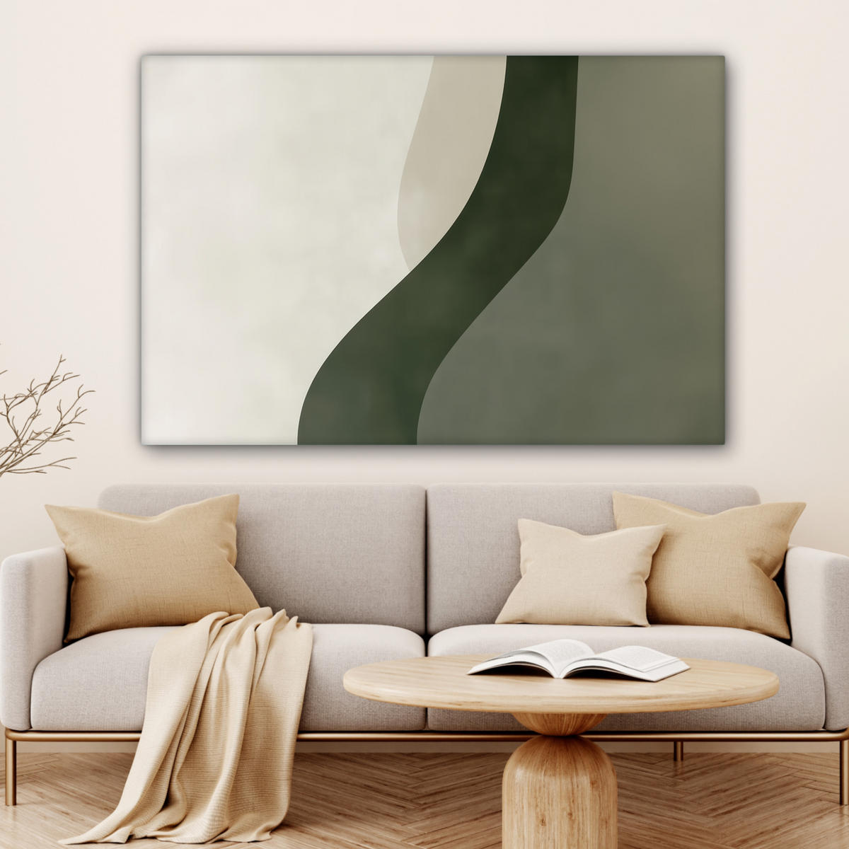 LEINWANDBILD Japandi - Grün - Abstrakt - Modern XXL 150x100 cm - Salbeigrün, Textil (150/100cm) - MuchoWow